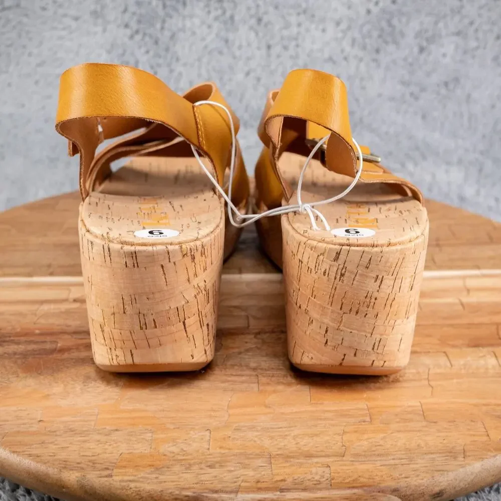 Korks Nova Comfort Platform Cork Wedge Strappy‎ Sandals Yellow Size 9